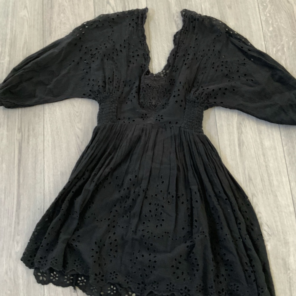 Free People One Lottie Mini Dress Eyelet Embroidered Lace Black Smocked …